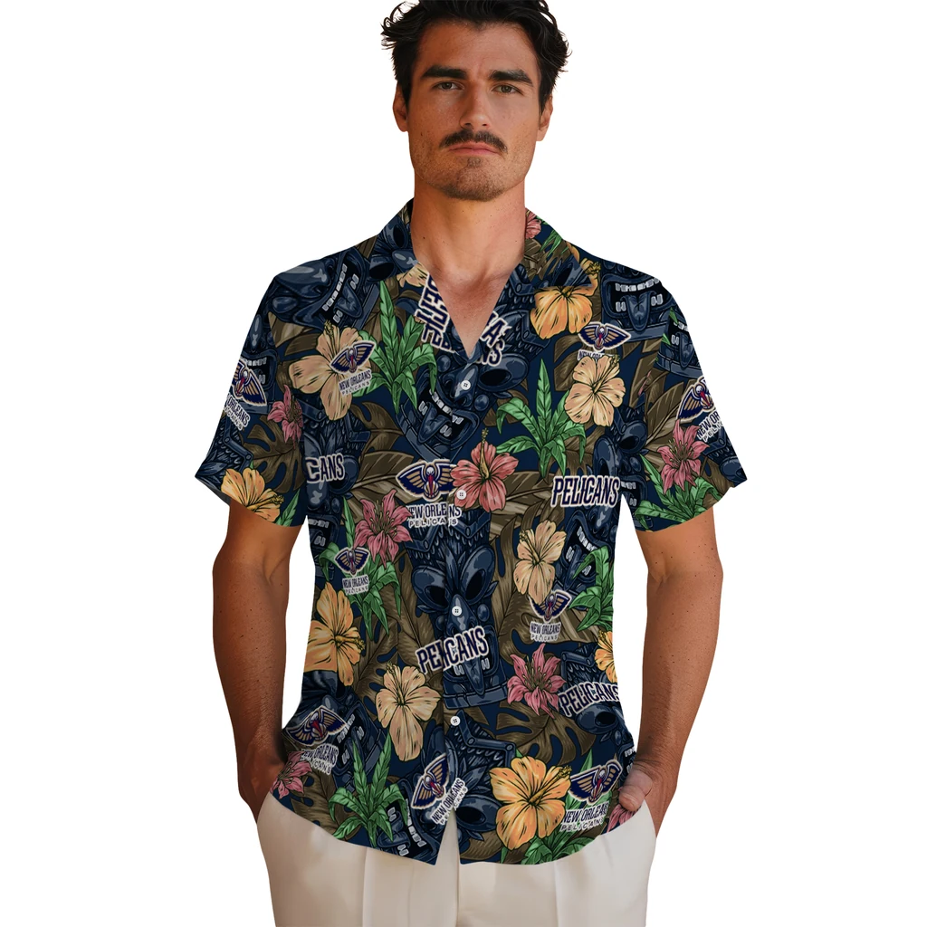 New Orleans Pelicans Hawaiian Shirt - Hibiscus Tiki Jungle new orleans pelicans tiki jungle navy hawaiian shirts fashion forward