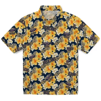 new orleans pelicans hibiscus tropics navy yellow hawaiian shirts best selling