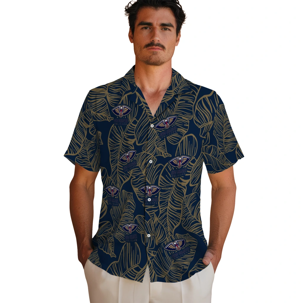 New Orleans Pelicans Hawaiian Shirt - Leaf Outline new orleans pelicans leaf outline navy hawaiian shirts fashion forward