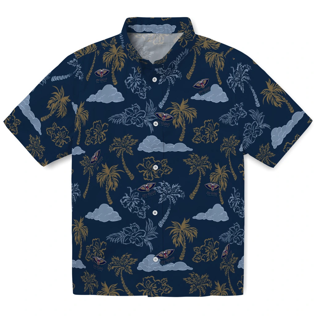 New Orleans Pelicans Hawaiian Shirt - Palm And Clouds new orleans pelicans palm and clouds navy hawaiian shirts best selling