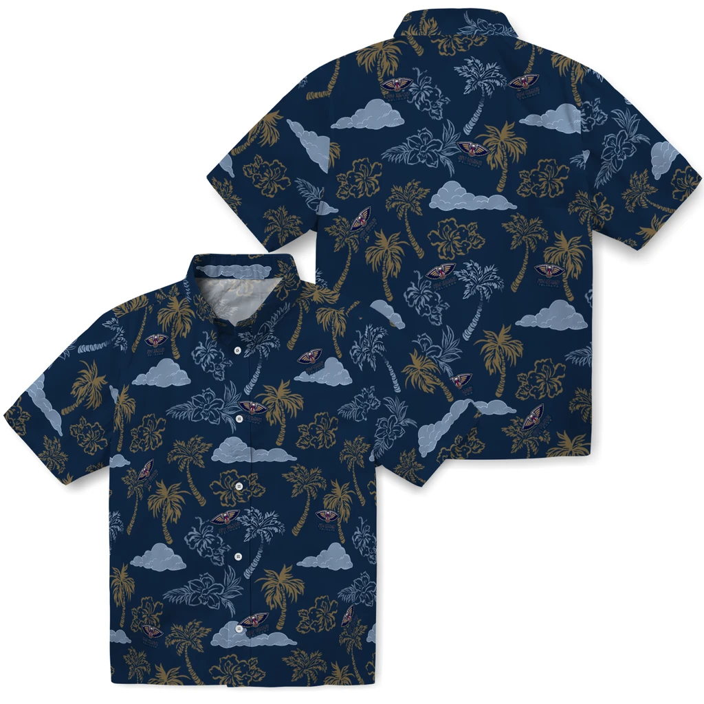New Orleans Pelicans Hawaiian Shirt - Palm And Clouds new orleans pelicans palm and clouds navy hawaiian shirts high quality