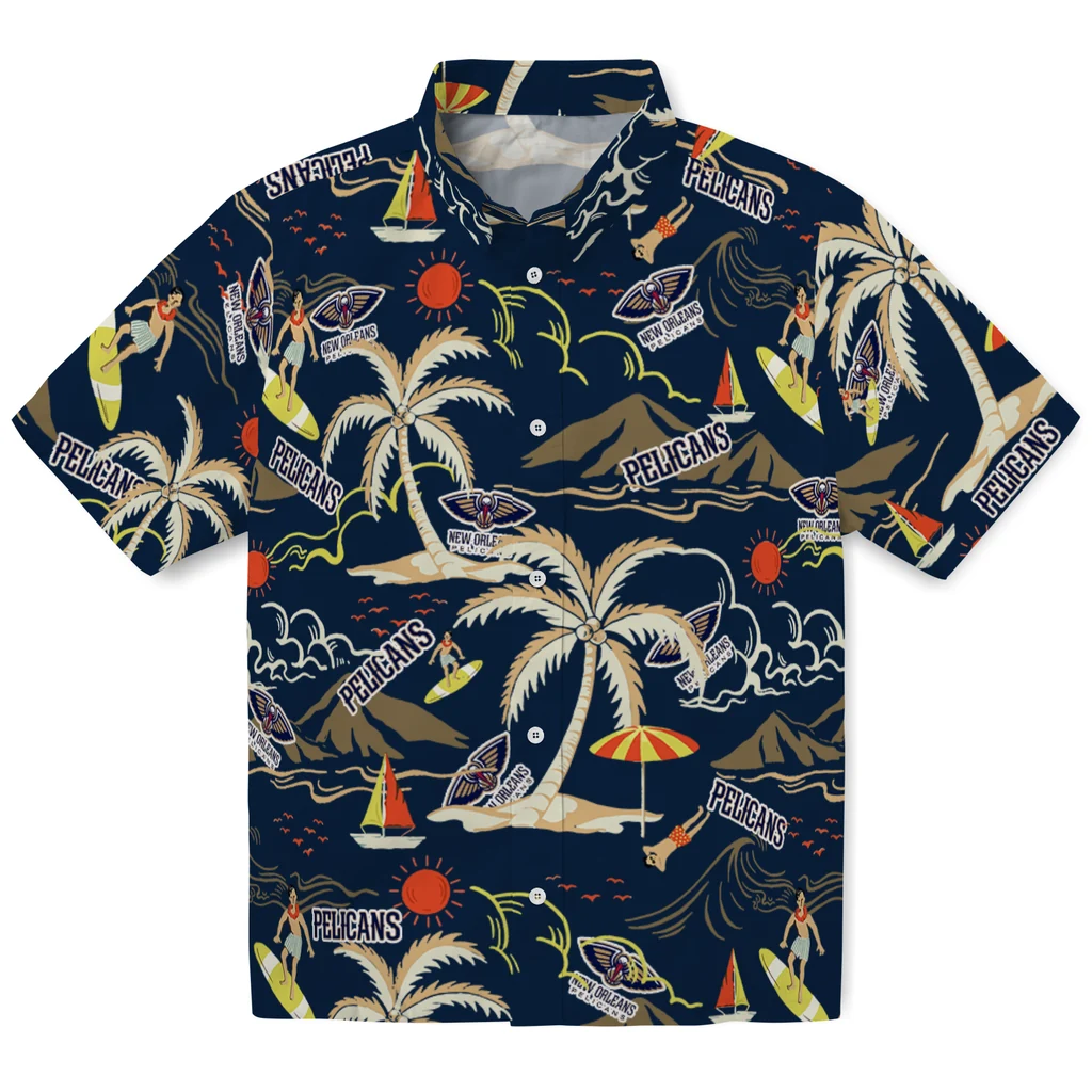 New Orleans Pelicans Hawaiian Shirt - Palm Tree Island new orleans pelicans palm tree island navy hawaiian shirts best selling