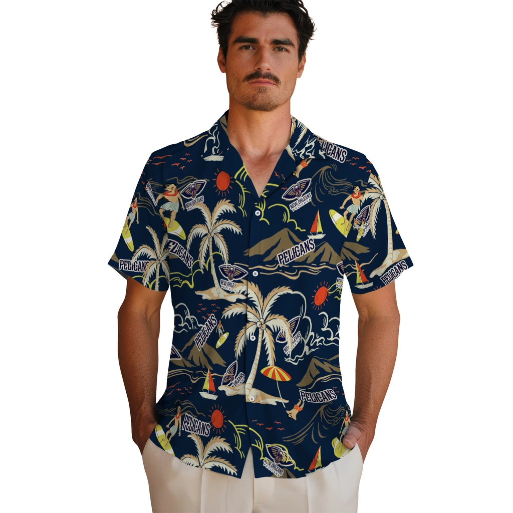 New Orleans Pelicans Hawaiian Shirt - Palm Tree Island new orleans pelicans palm tree island navy hawaiian shirts fashion forward