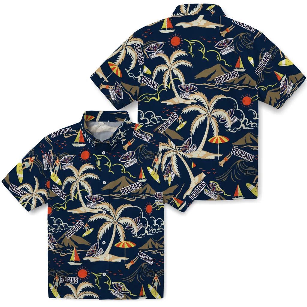 New Orleans Pelicans Hawaiian Shirt - Palm Tree Island new orleans pelicans palm tree island navy hawaiian shirts high quality
