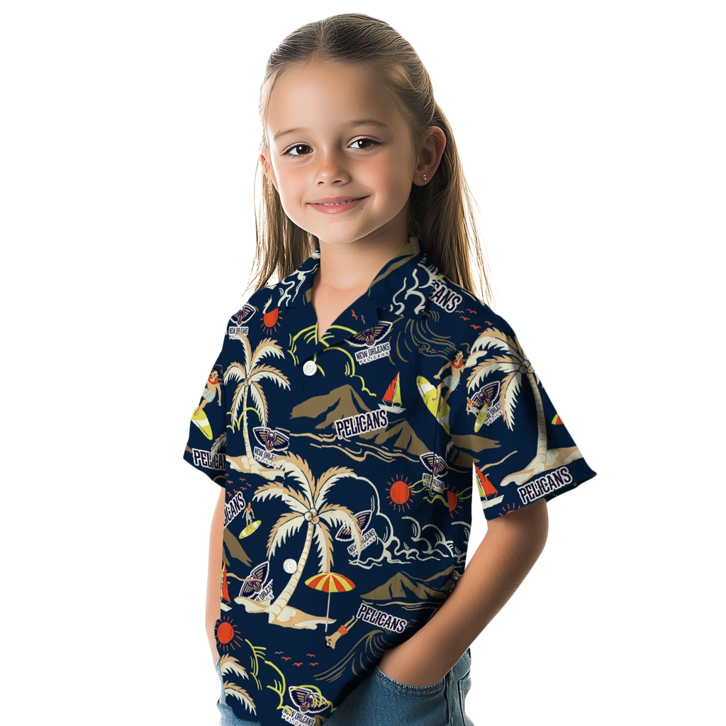 New Orleans Pelicans Hawaiian Shirt - Palm Tree Island new orleans pelicans palm tree island navy hawaiian shirts premium grade