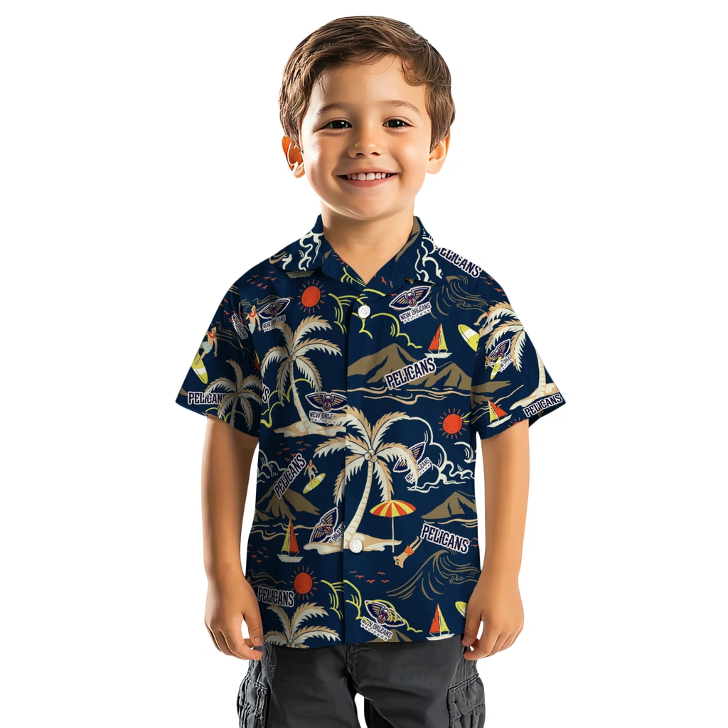 New Orleans Pelicans Hawaiian Shirt - Palm Tree Island new orleans pelicans palm tree island navy hawaiian shirts top rated