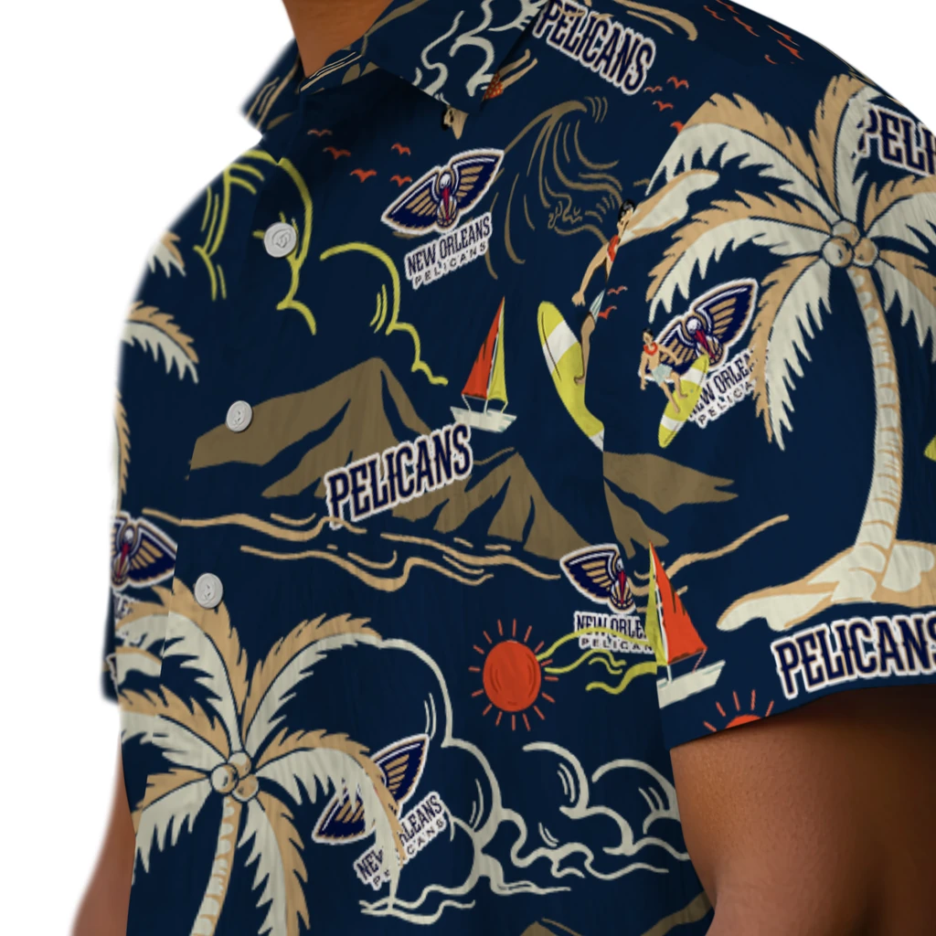 New Orleans Pelicans Hawaiian Shirt - Palm Tree Island new orleans pelicans palm tree island navy hawaiian shirts trendy