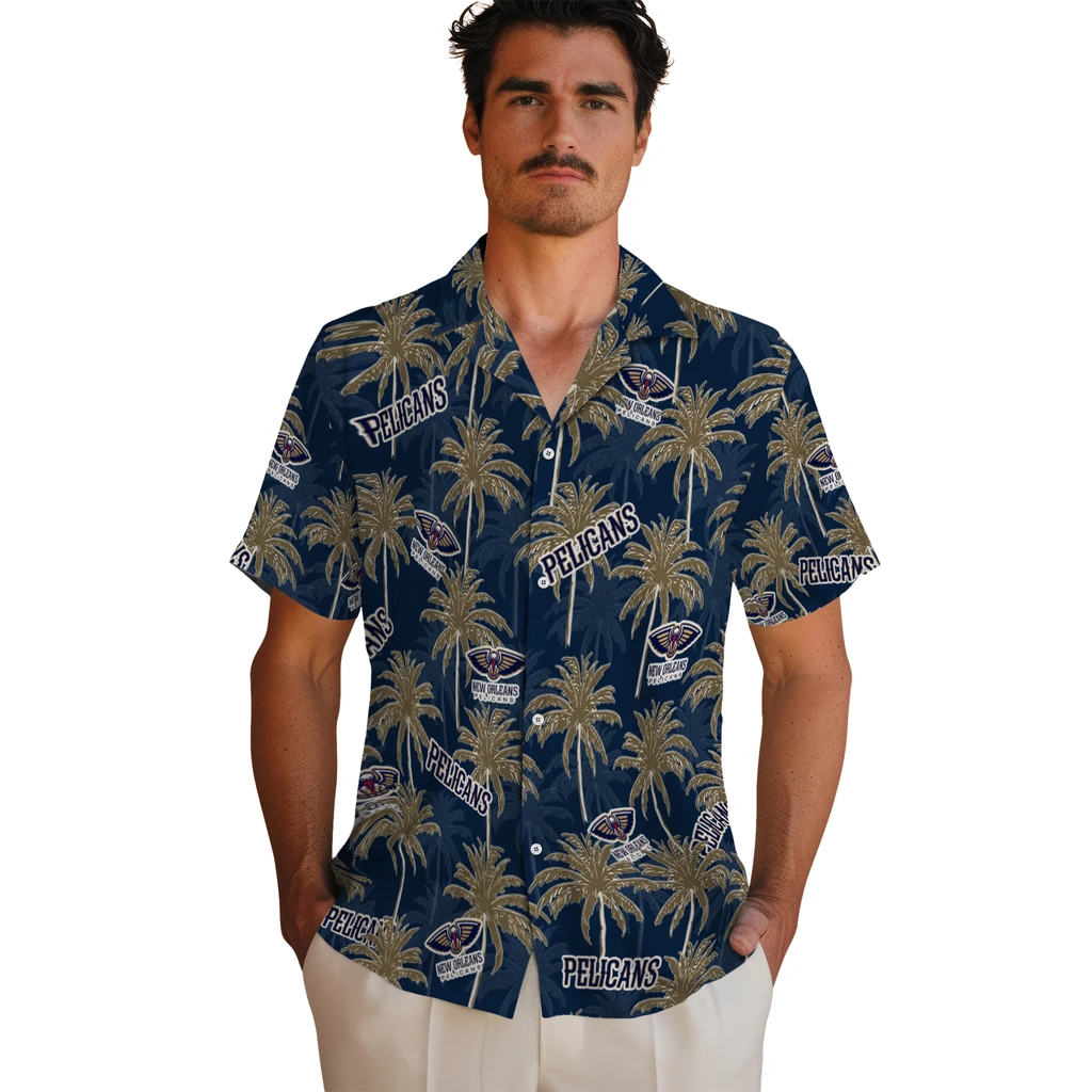 New Orleans Pelicans Hawaiian Shirt - Palm Tree Motif new orleans pelicans palm grove navy hawaiian shirts fashion forward