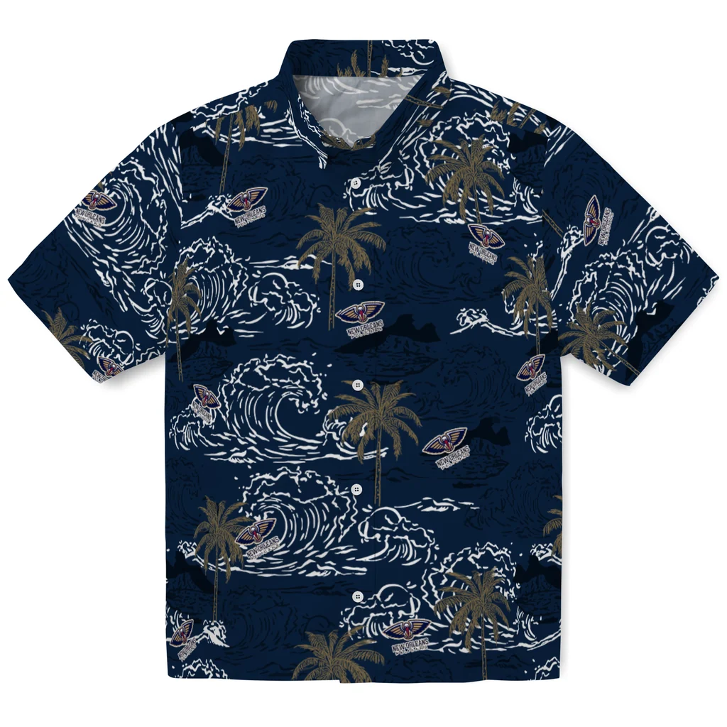New Orleans Pelicans Hawaiian Shirt - Wave Palm new orleans pelicans wave palm navy hawaiian shirts best selling