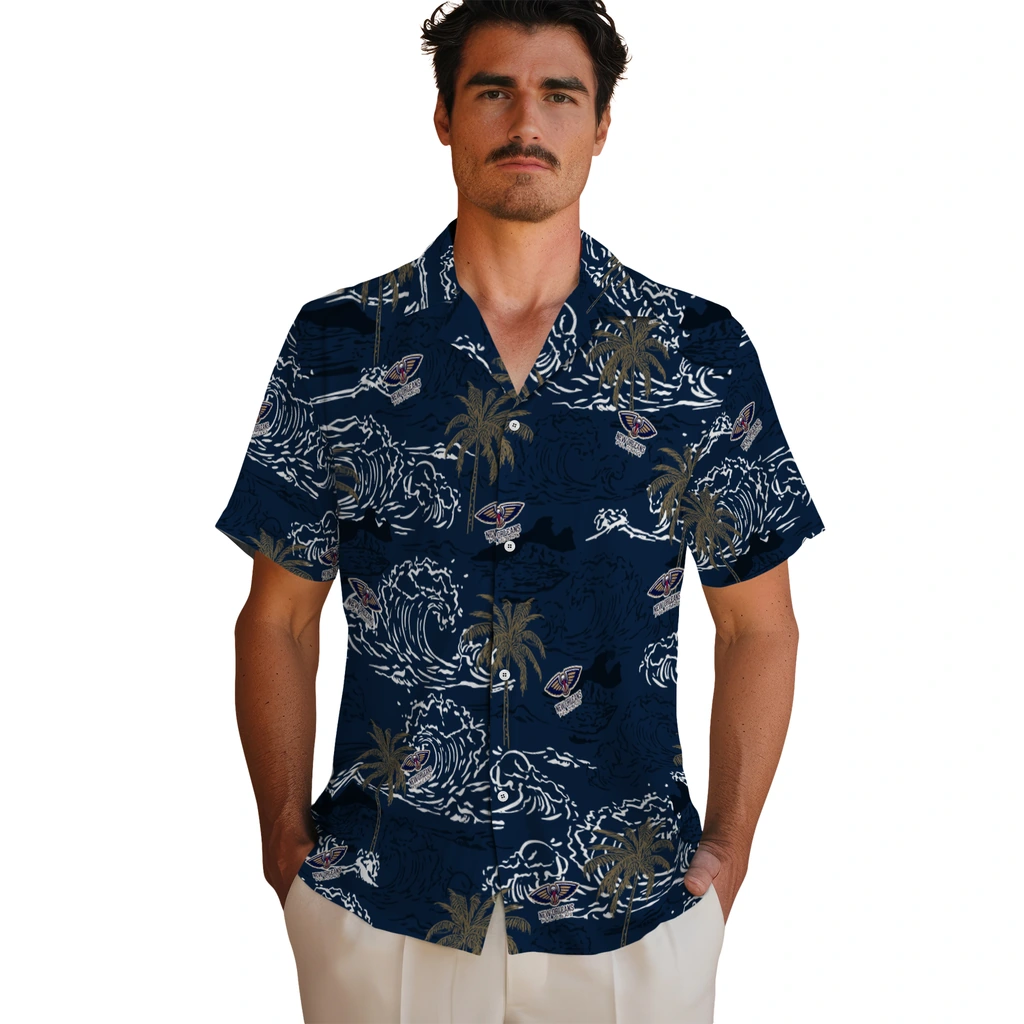 New Orleans Pelicans Hawaiian Shirt - Wave Palm new orleans pelicans wave palm navy hawaiian shirts fashion forward