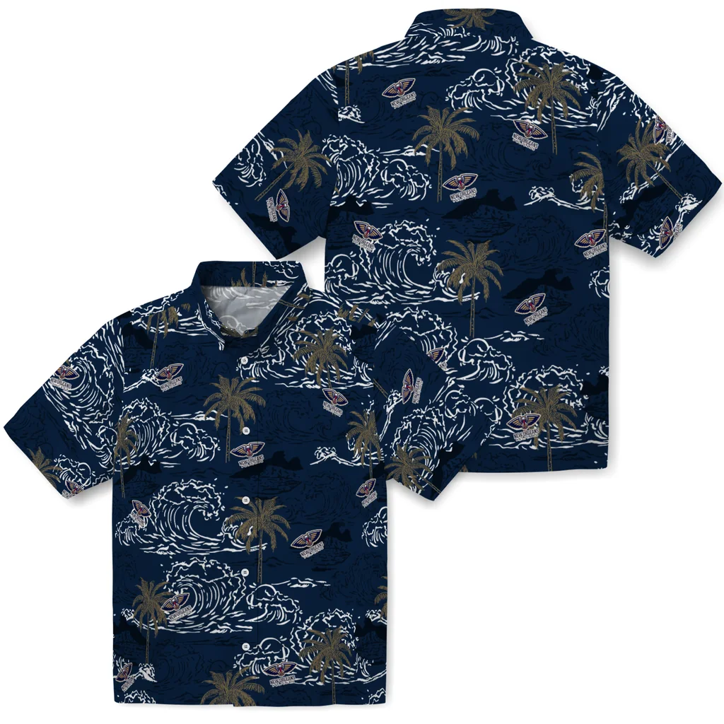 New Orleans Pelicans Hawaiian Shirt - Wave Palm new orleans pelicans wave palm navy hawaiian shirts high quality