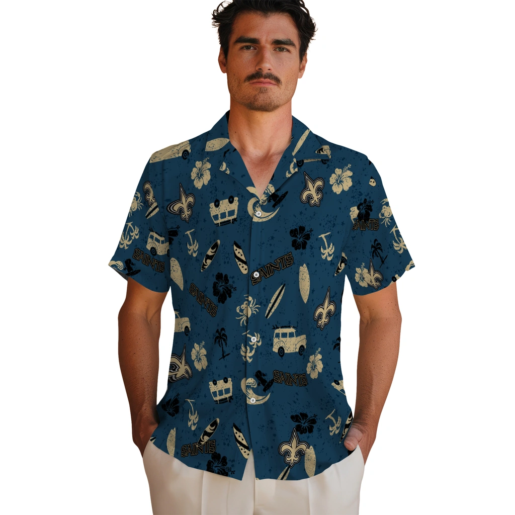 New Orleans Saints Hawaiian Shirt - Beach Vibe new orleans saints beach vibe navy hawaiian shirts fashion forward