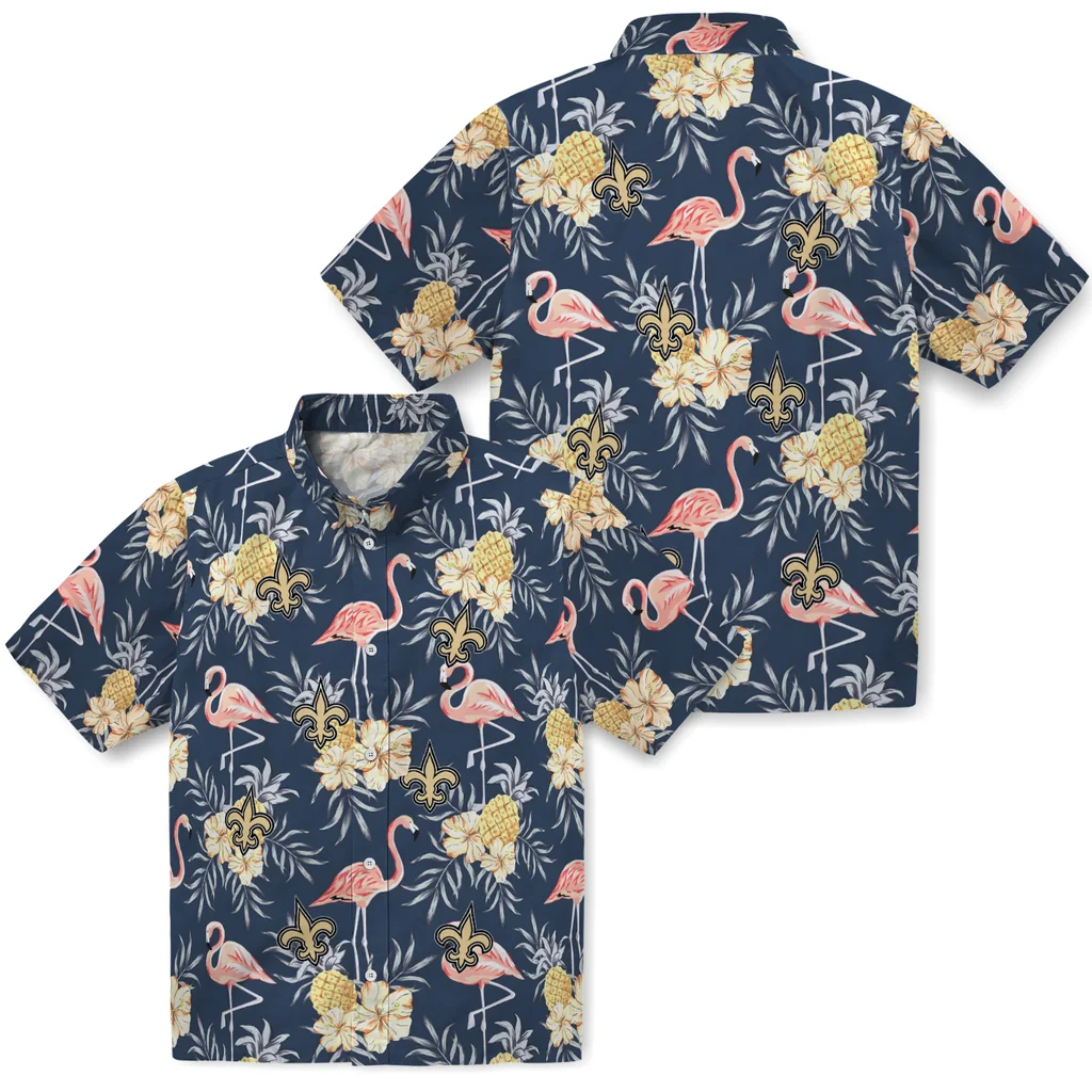New Orleans Saints Hawaiian Shirt - Flamingo Hibiscus new orleans saints flamingo hibiscus navy hawaiian shirts high quality
