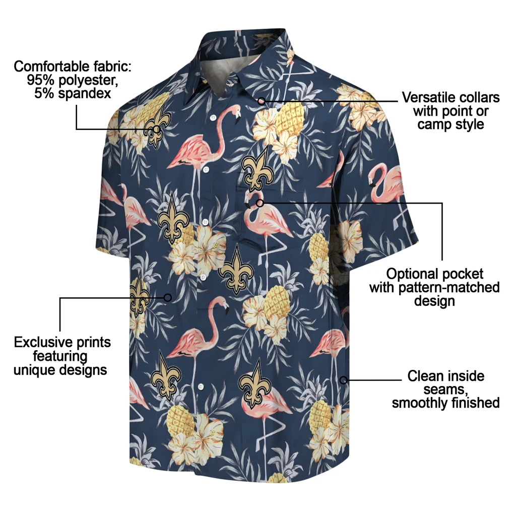 New Orleans Saints Hawaiian Shirt - Flamingo Hibiscus new orleans saints flamingo hibiscus navy hawaiian shirts new arrival