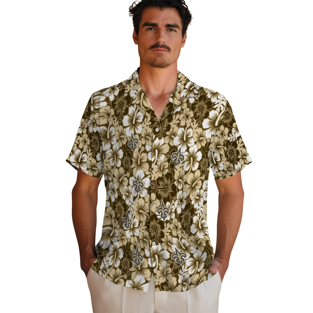 New Orleans Saints Hawaiian Shirt - Hibiscus Blooms new orleans saints hibiscus blooms gold hawaiian shirts fashion forward