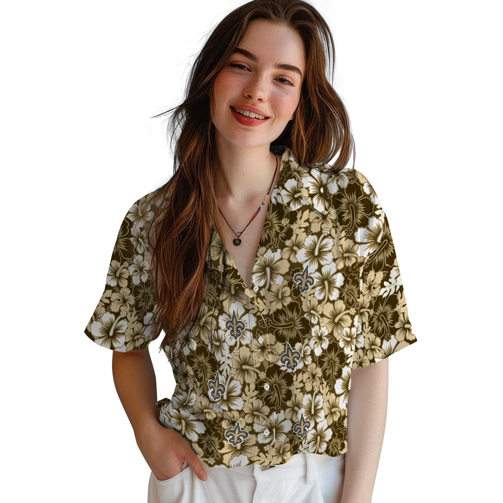 New Orleans Saints Hawaiian Shirt - Hibiscus Blooms new orleans saints hibiscus blooms gold hawaiian shirts latest model