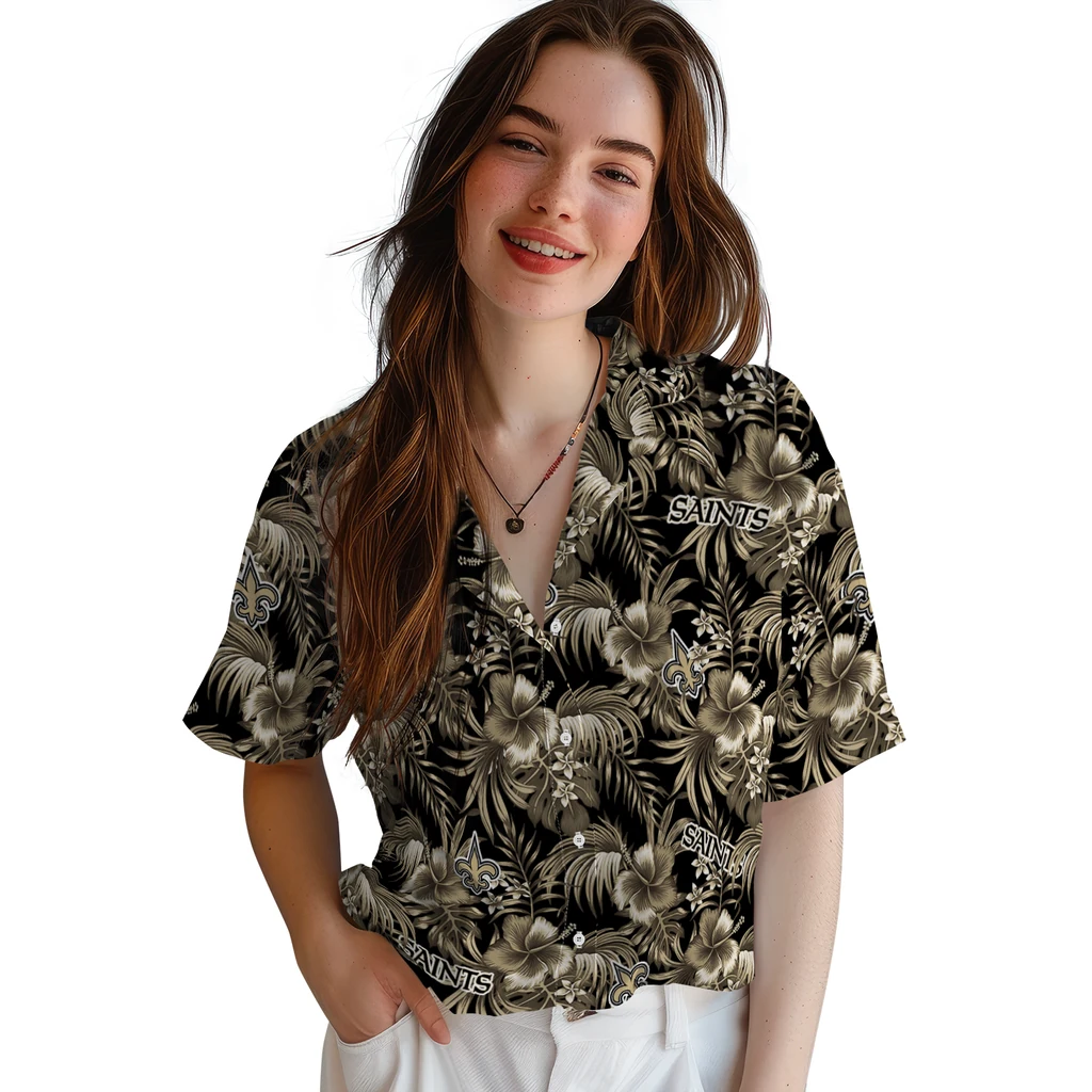 New Orleans Saints Hawaiian Shirt - Hibiscus Exotic new orleans saints hibiscus exotic gold hawaiian shirts latest model