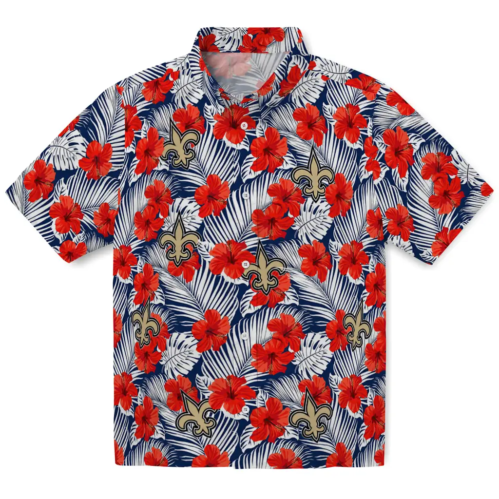 New Orleans Saints Hawaiian Shirt - Hibiscus Fiesta new orleans saints hibiscus fiesta red royal blue hawaiian shirts best selling