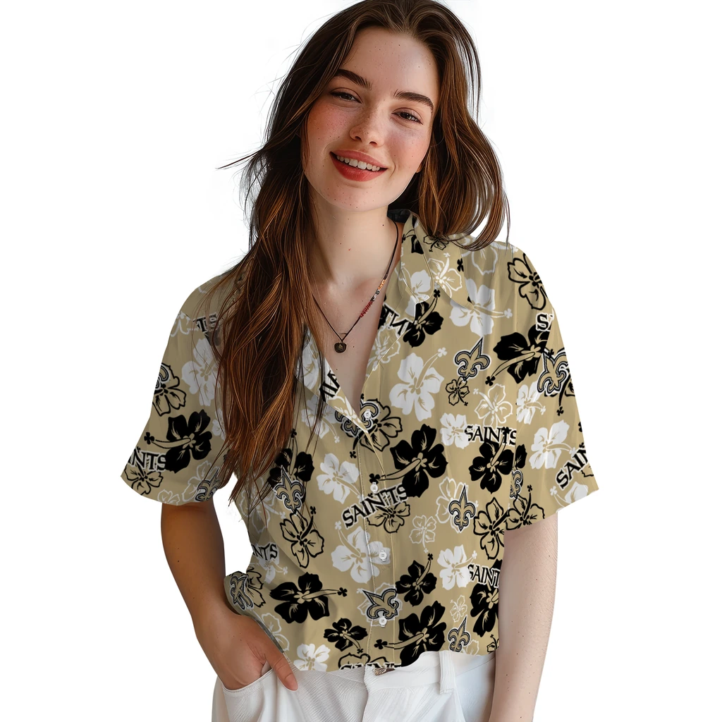 New Orleans Saints Hawaiian Shirt - Hibiscus Flower Design new orleans saints hibiscus bloom gold hawaiian shirts latest model