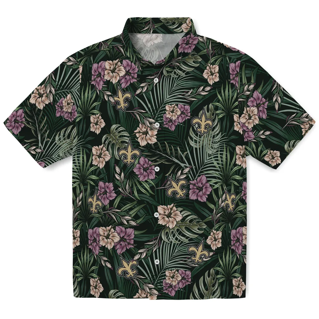 New Orleans Saints Hawaiian Shirt - Hibiscus Leaves Pattern new orleans saints hibiscus leaves pattern green hawaiian shirts best selling