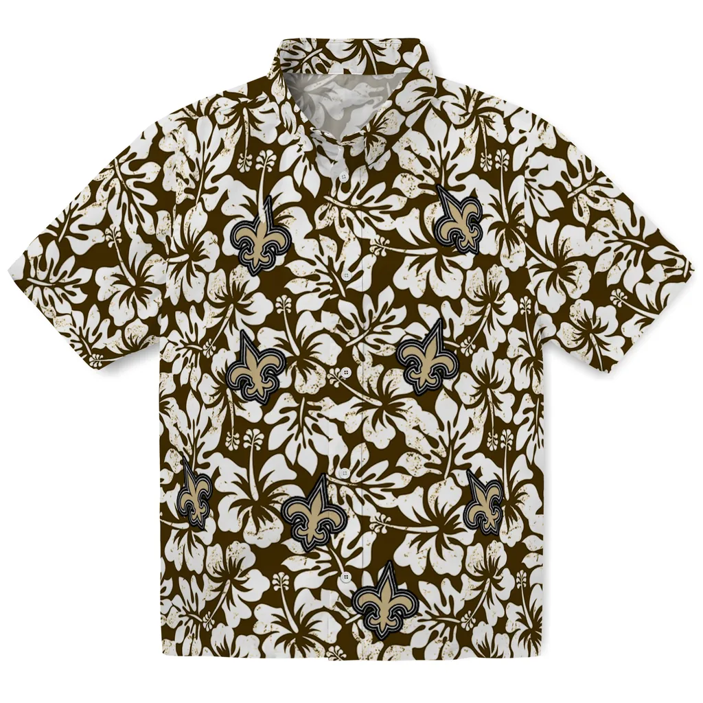 New Orleans Saints Hawaiian Shirt - Hibiscus Motif new orleans saints hibiscus motif gold white hawaiian shirts best selling