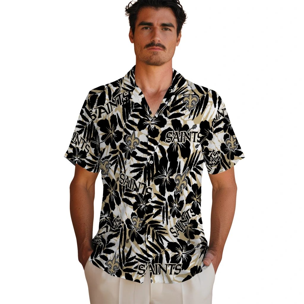 New Orleans Saints Hawaiian Shirt - Hibiscus Overlay new orleans saints hibiscus overlay hawaiian shirts fashion forward