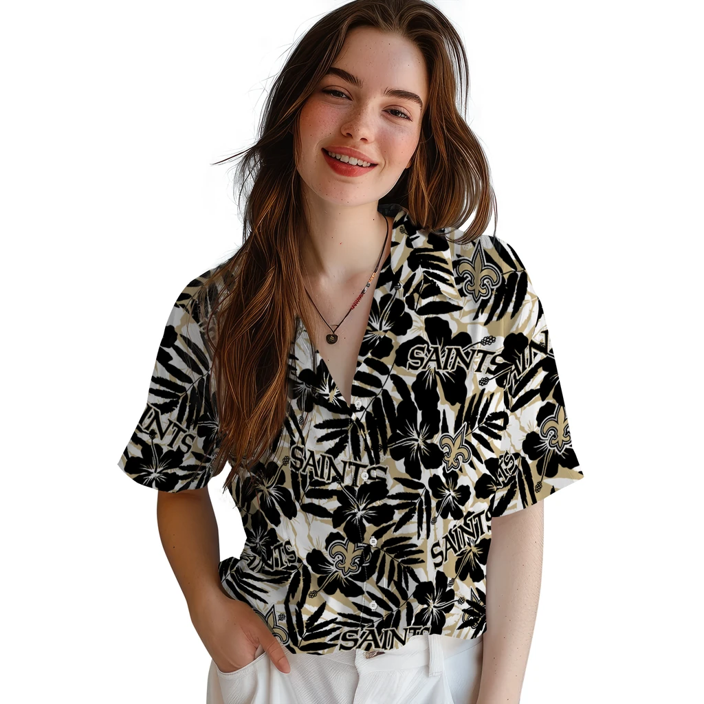 New Orleans Saints Hawaiian Shirt - Hibiscus Overlay new orleans saints hibiscus overlay hawaiian shirts latest model