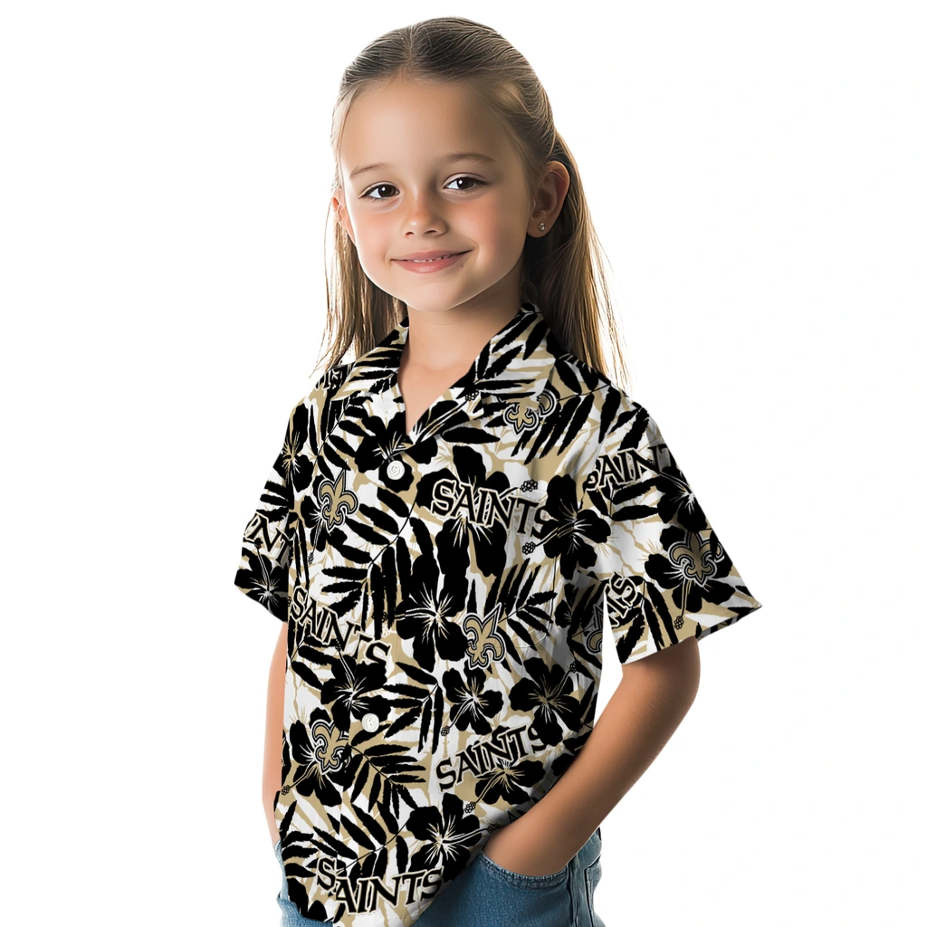 New Orleans Saints Hawaiian Shirt - Hibiscus Overlay new orleans saints hibiscus overlay hawaiian shirts premium grade