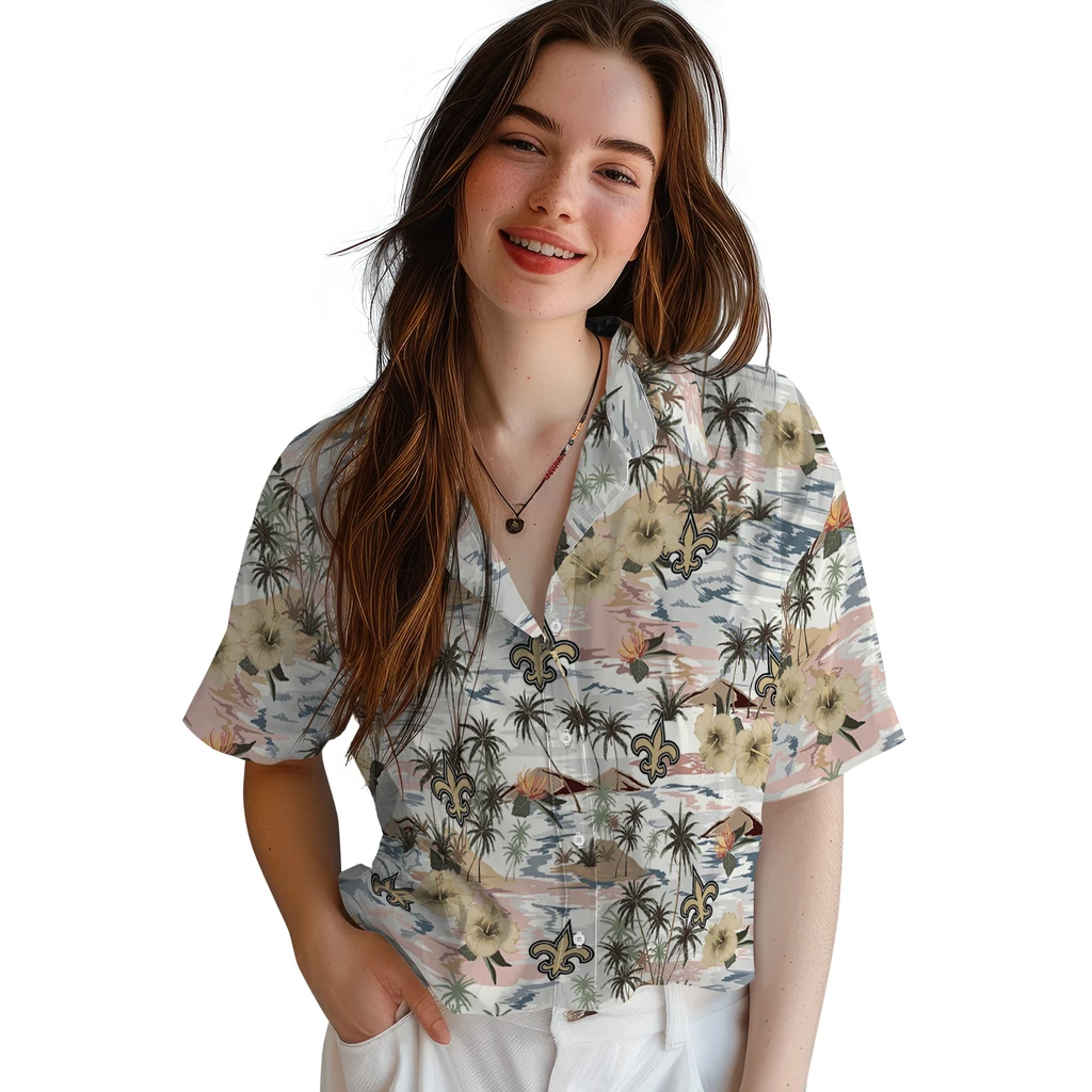 New Orleans Saints Hawaiian Shirt - Hibiscus Seaside new orleans saints hibiscus seaside white hawaiian shirts latest model