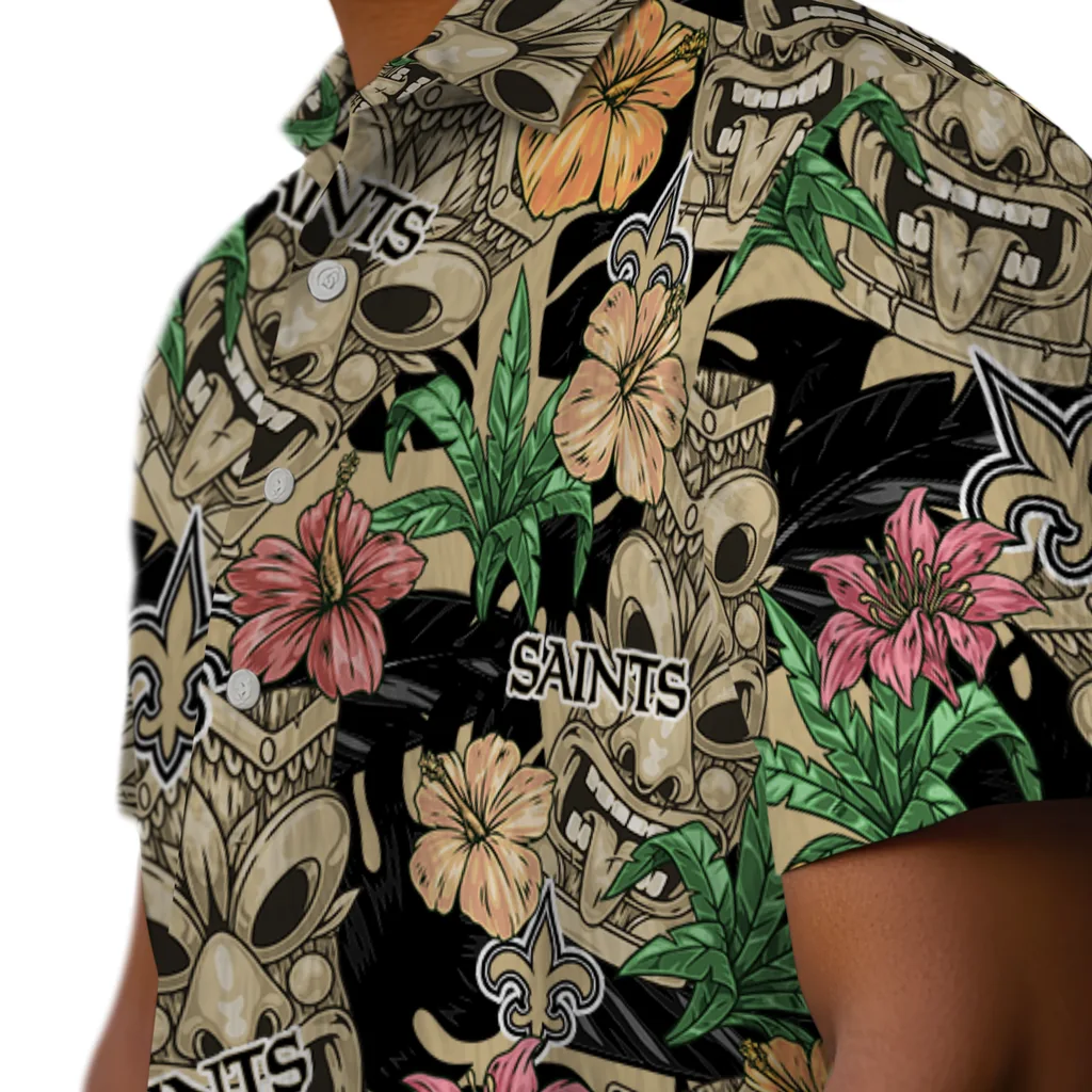 New Orleans Saints Hawaiian Shirt - Hibiscus Tiki Jungle new orleans saints tiki jungle gold hawaiian shirts trendy