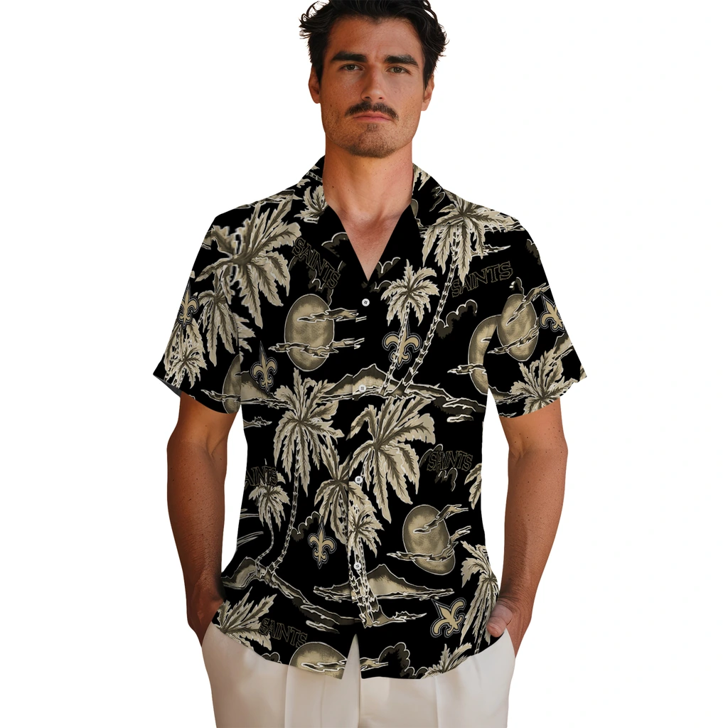 New Orleans Saints Hawaiian Shirt - Palm Sunset new orleans saints palm sunset hawaiian shirts fashion forward