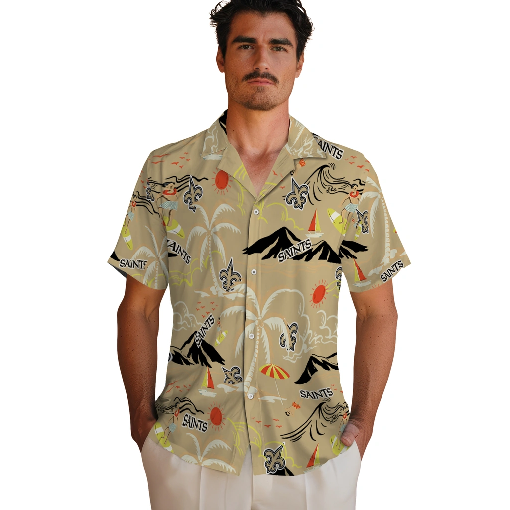 New Orleans Saints Hawaiian Shirt - Palm Tree Island new orleans saints palm tree island gold hawaiian shirts fashion forward