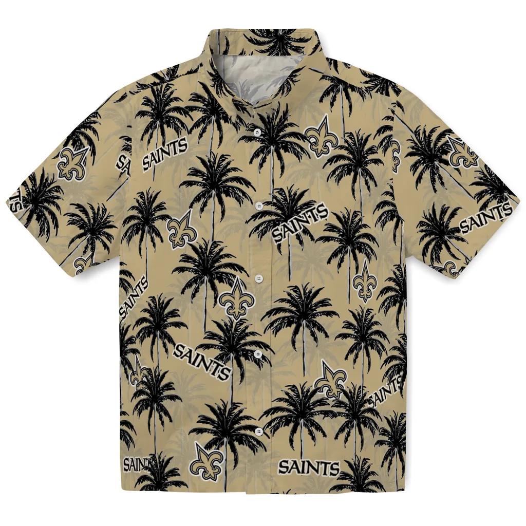 New Orleans Saints Hawaiian Shirt - Palm Tree Motif new orleans saints palm grove gold hawaiian shirts best selling