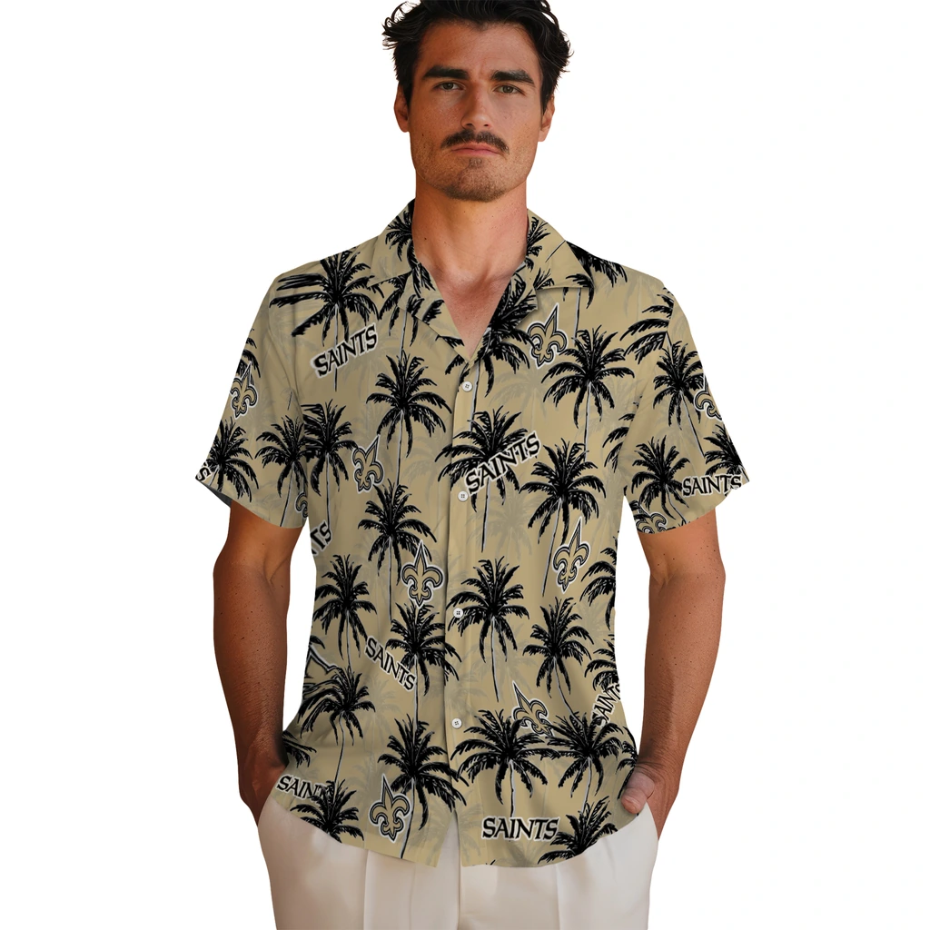 New Orleans Saints Hawaiian Shirt - Palm Tree Motif new orleans saints palm grove gold hawaiian shirts fashion forward