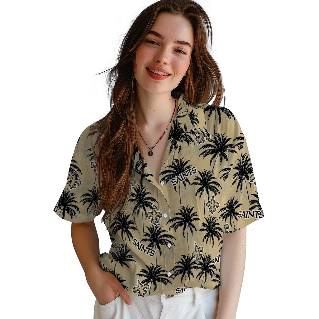 New Orleans Saints Hawaiian Shirt - Palm Tree Motif new orleans saints palm grove gold hawaiian shirts latest model