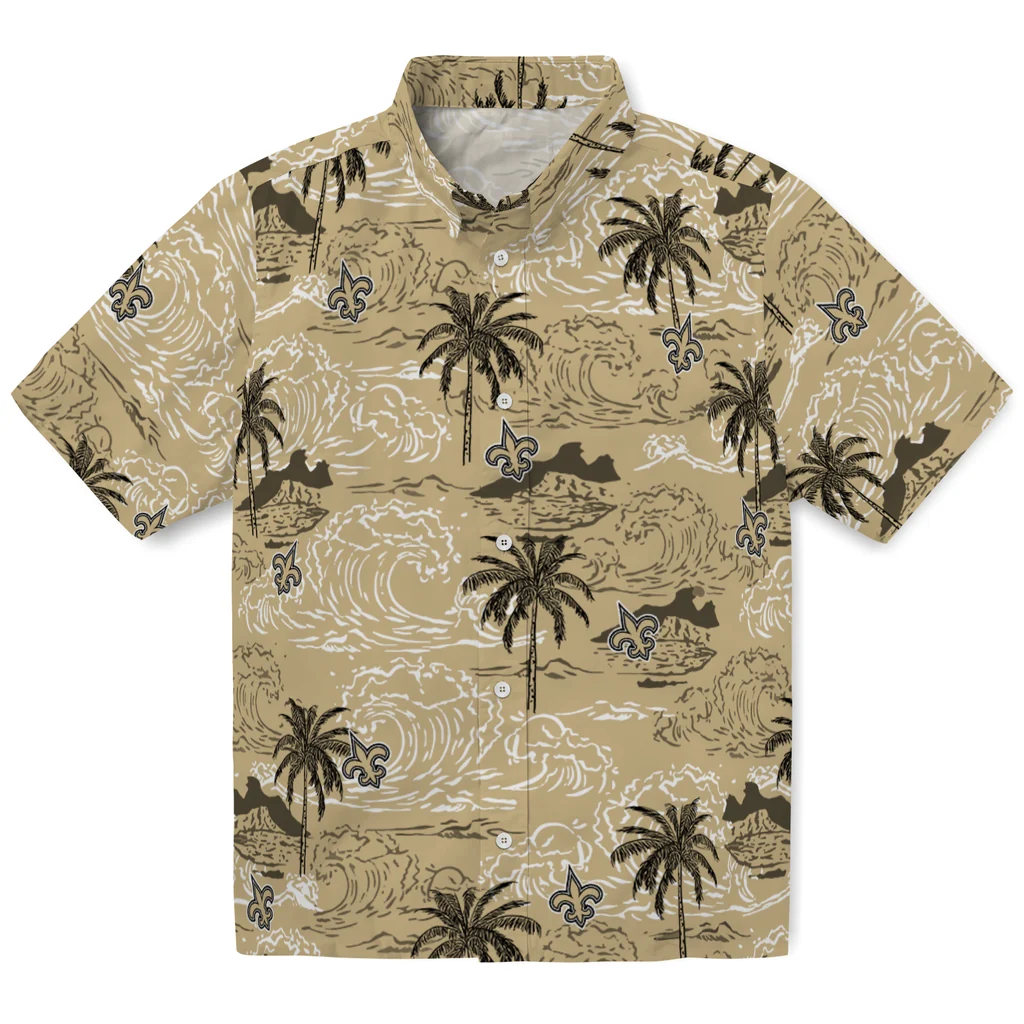 New Orleans Saints Hawaiian Shirt - Wave Palm new orleans saints wave palm gold hawaiian shirts best selling