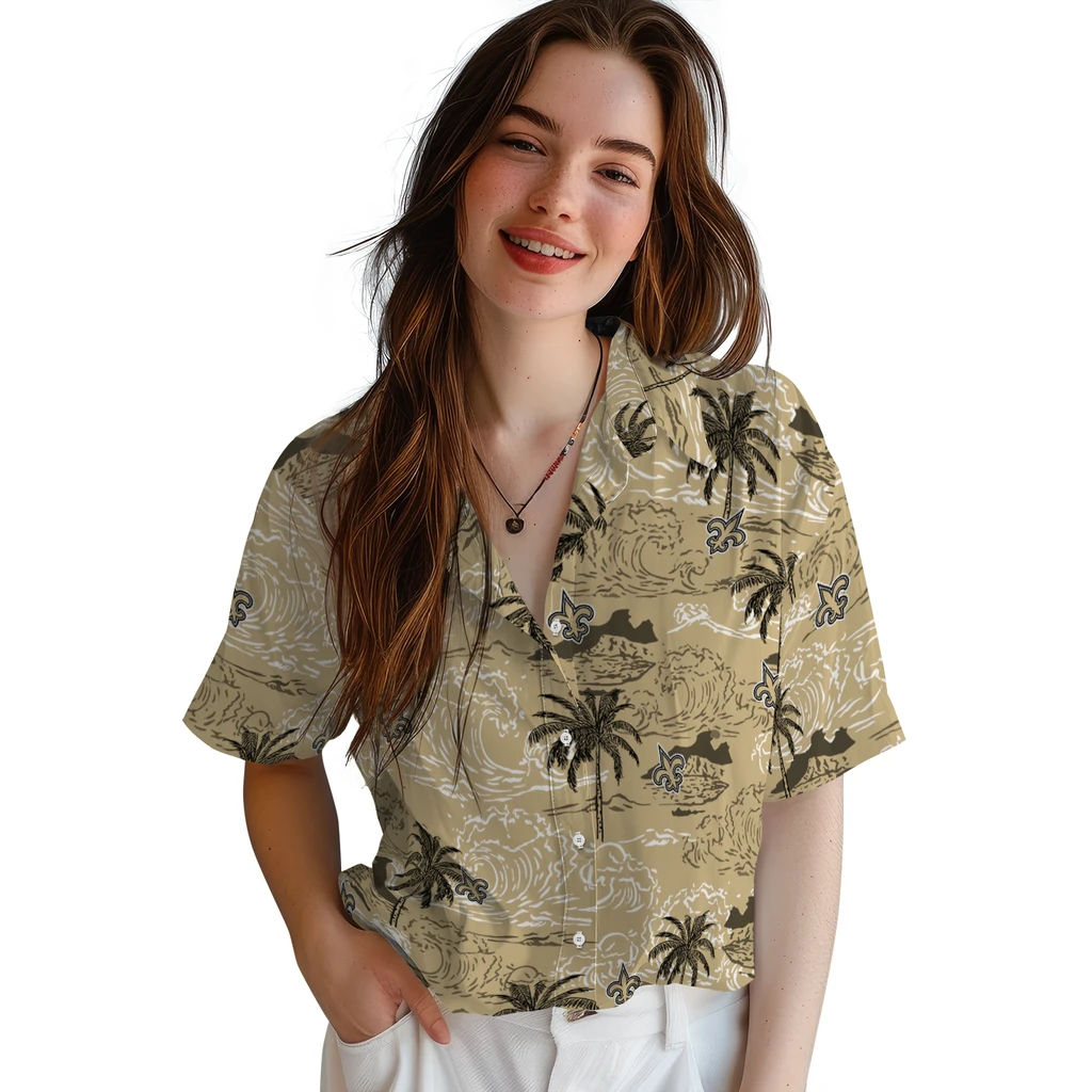 New Orleans Saints Hawaiian Shirt - Wave Palm new orleans saints wave palm gold hawaiian shirts latest model