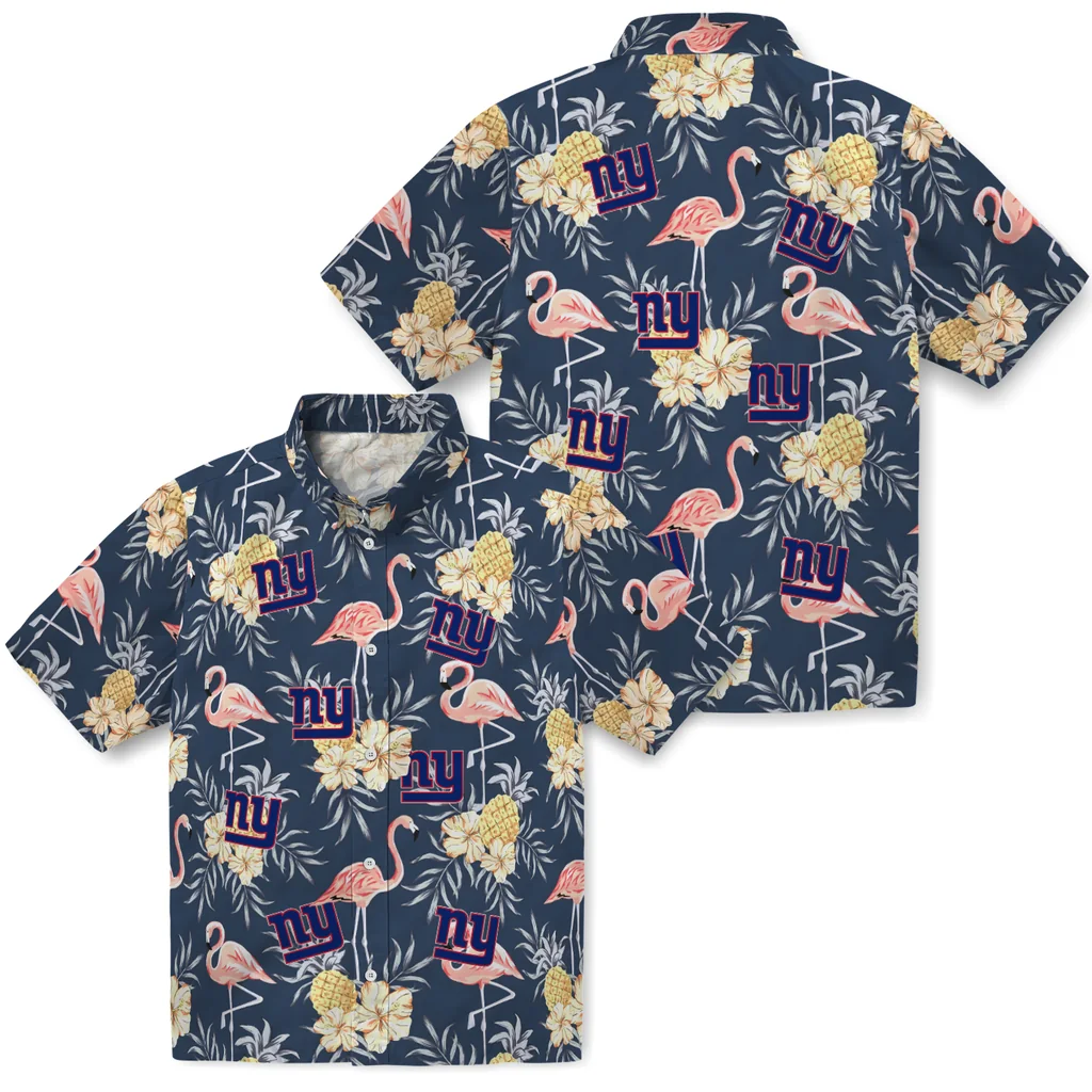 New York Giants Hawaiian Shirt - Flamingo Hibiscus new york giants flamingo hibiscus navy hawaiian shirts high quality