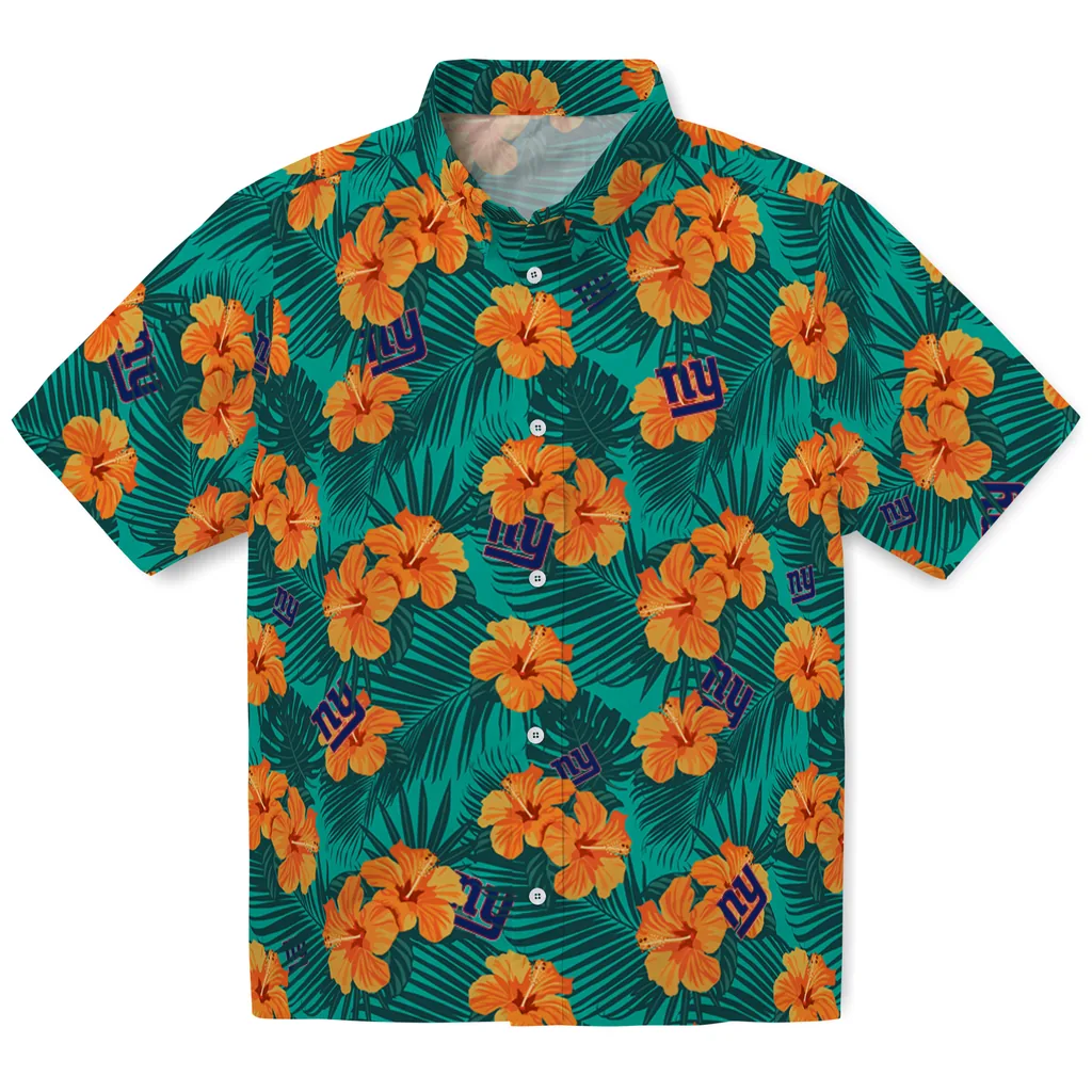 New York Giants Hawaiian Shirt - Hibiscus and Palm Leaves new york giants hibiscus escape green hawaiian shirts best selling