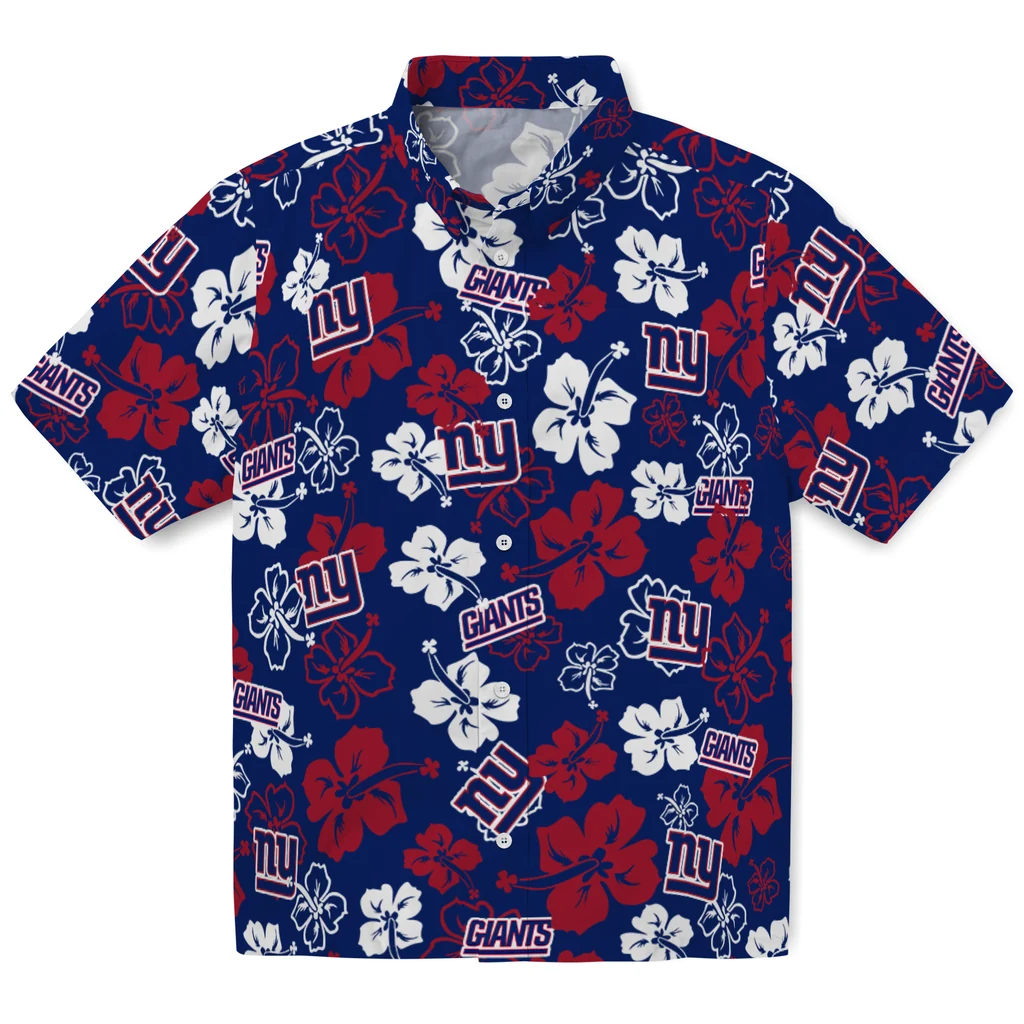 New York Giants Hawaiian Shirt - Hibiscus Flower Design new york giants hibiscus bloom blue hawaiian shirts best selling