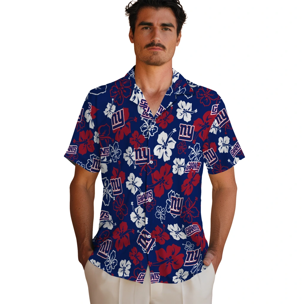 New York Giants Hawaiian Shirt - Hibiscus Flower Design new york giants hibiscus bloom blue hawaiian shirts fashion forward