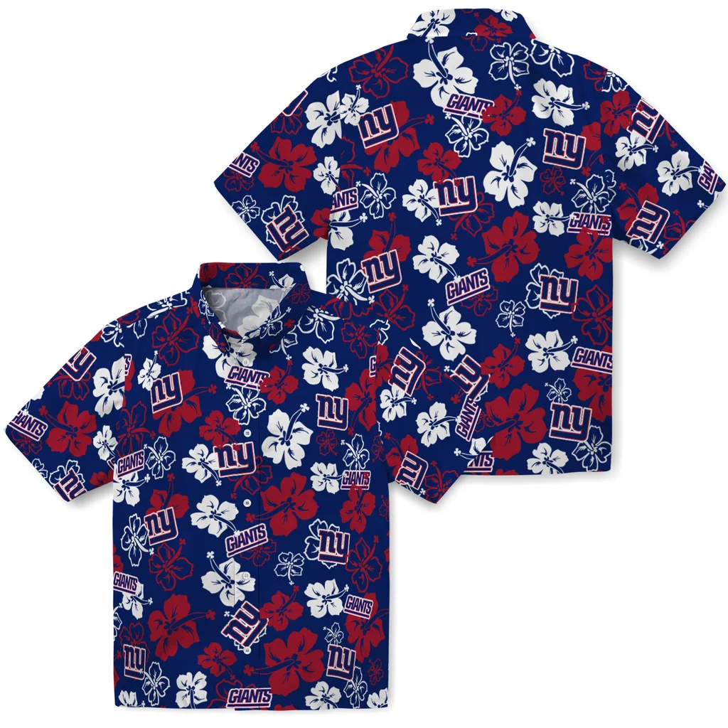 New York Giants Hawaiian Shirt - Hibiscus Flower Design new york giants hibiscus bloom blue hawaiian shirts high quality