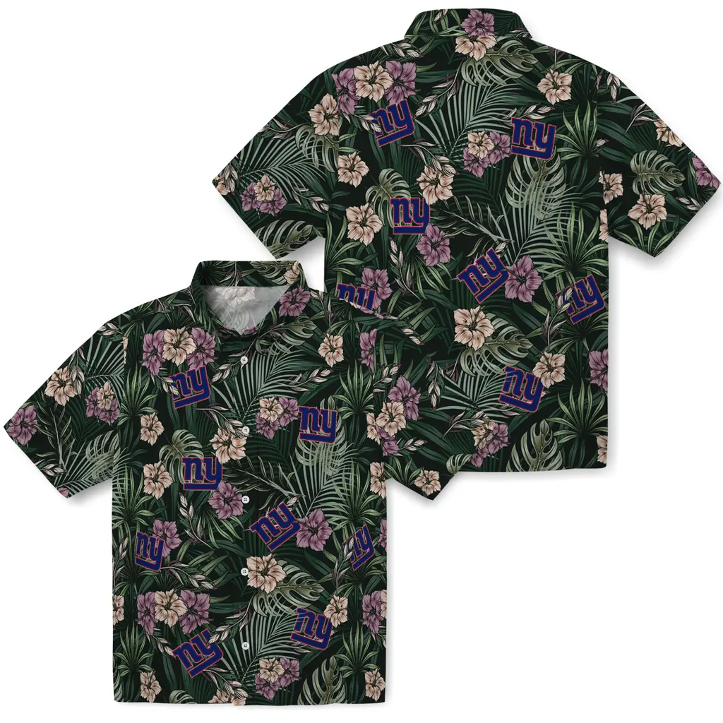 New York Giants Hawaiian Shirt - Hibiscus Leaves Pattern new york giants hibiscus leaves pattern green hawaiian shirts high quality