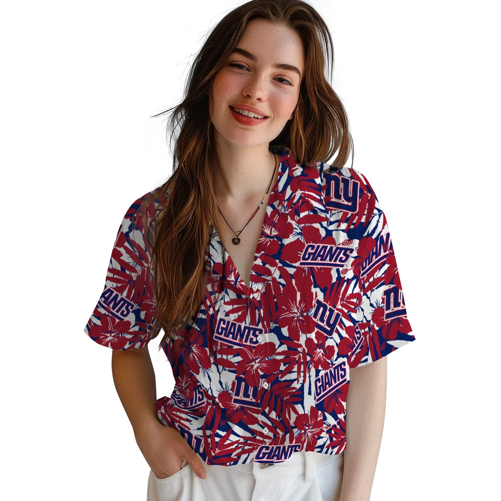 New York Giants Hawaiian Shirt - Hibiscus Overlay new york giants hibiscus overlay hawaiian shirts latest model