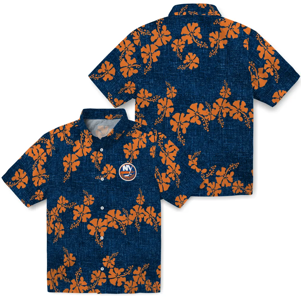 New York Islanders Hawaiian Shirt - 50th State Flower new york islanders hibiscus petals blue hawaiian shirts high quality