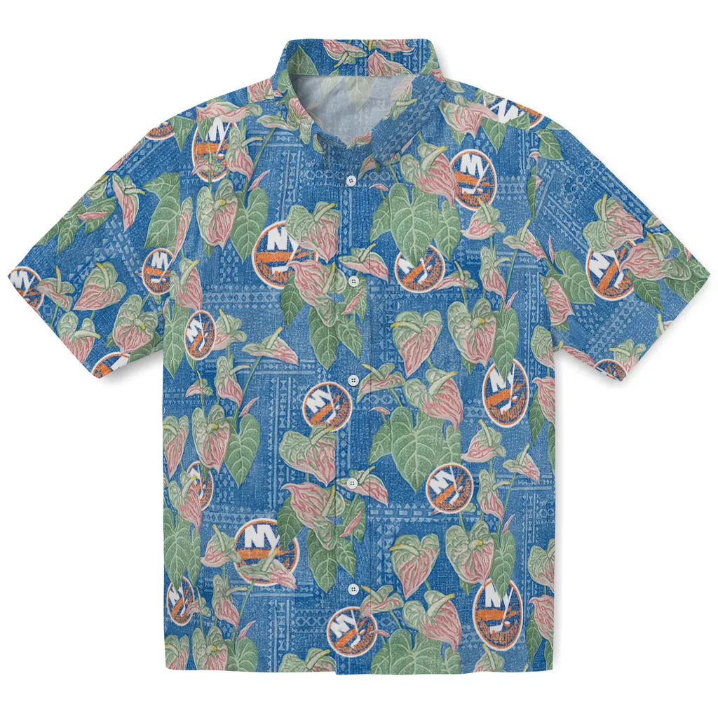 New York Islanders Hawaiian Shirt - Anthurium Overlay new york islanders anthurium overlay blue hawaiian shirts best selling