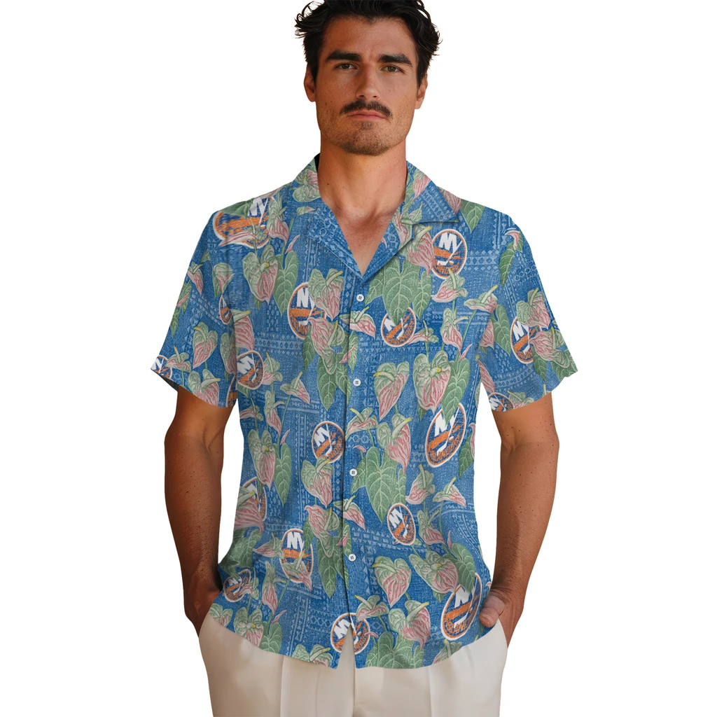 New York Islanders Hawaiian Shirt - Anthurium Overlay new york islanders anthurium overlay blue hawaiian shirts fashion forward
