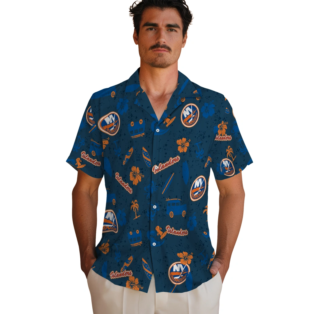 New York Islanders Hawaiian Shirt - Beach Vibe new york islanders beach vibe navy hawaiian shirts fashion forward