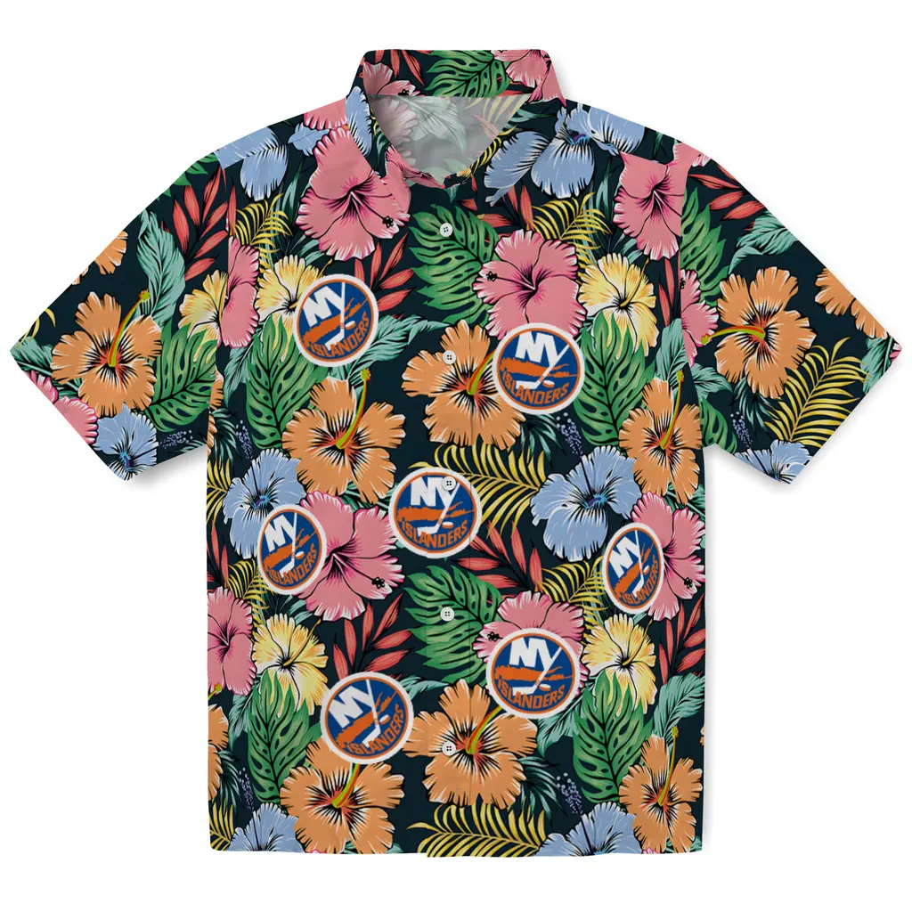 New York Islanders Hawaiian Shirt - Brilliant Hibiscus Garden new york islanders brilliant hibiscus garden hawaiian shirts best selling