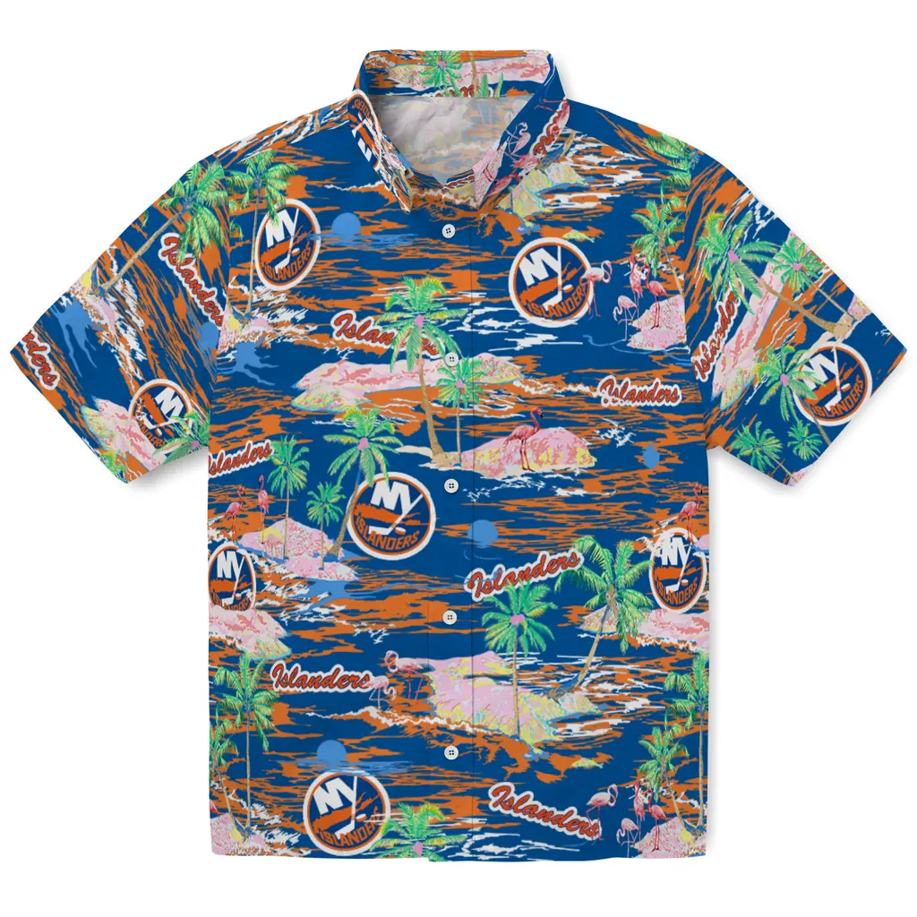 New York Islanders Hawaiian Shirt - Hawaii Island new york islanders flamingo retreat blue hawaiian shirts best selling